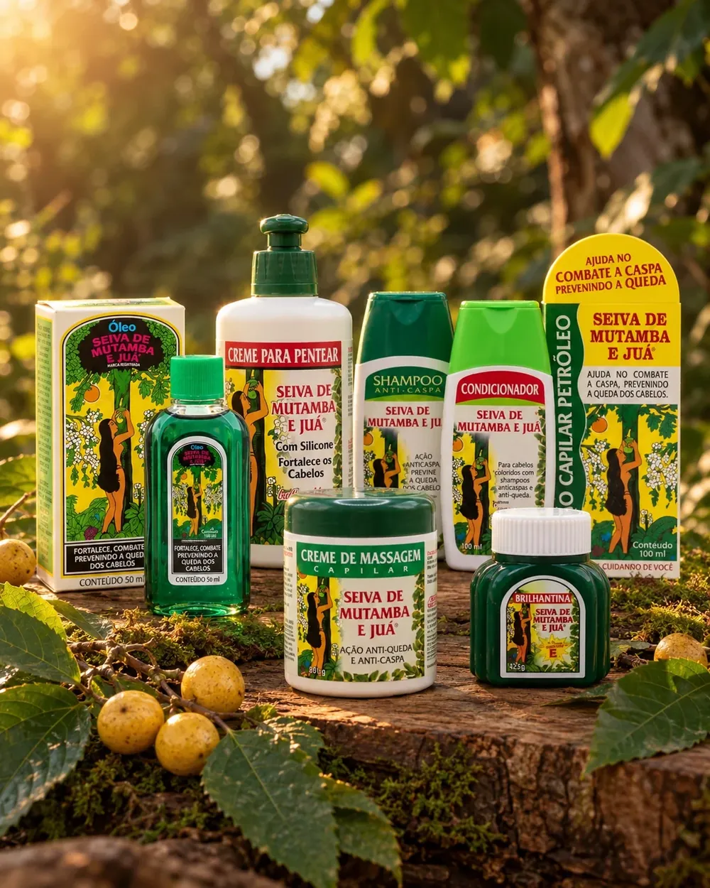 Linha completa Seiva de Mutamba e Juá sobre um tronco com musgo na mata, com folhas de mutamba e frutos de juá