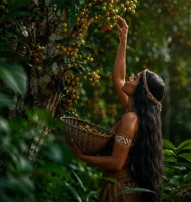 Mulher colhe frutos de juá numa árvore da mata, com um cesto de palha no braço