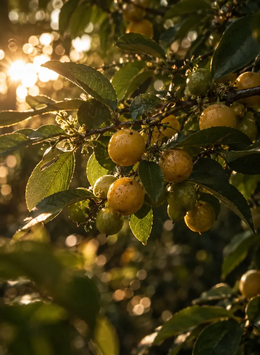 Galho de juazeiro com frutos amarelos ao pôr do sol