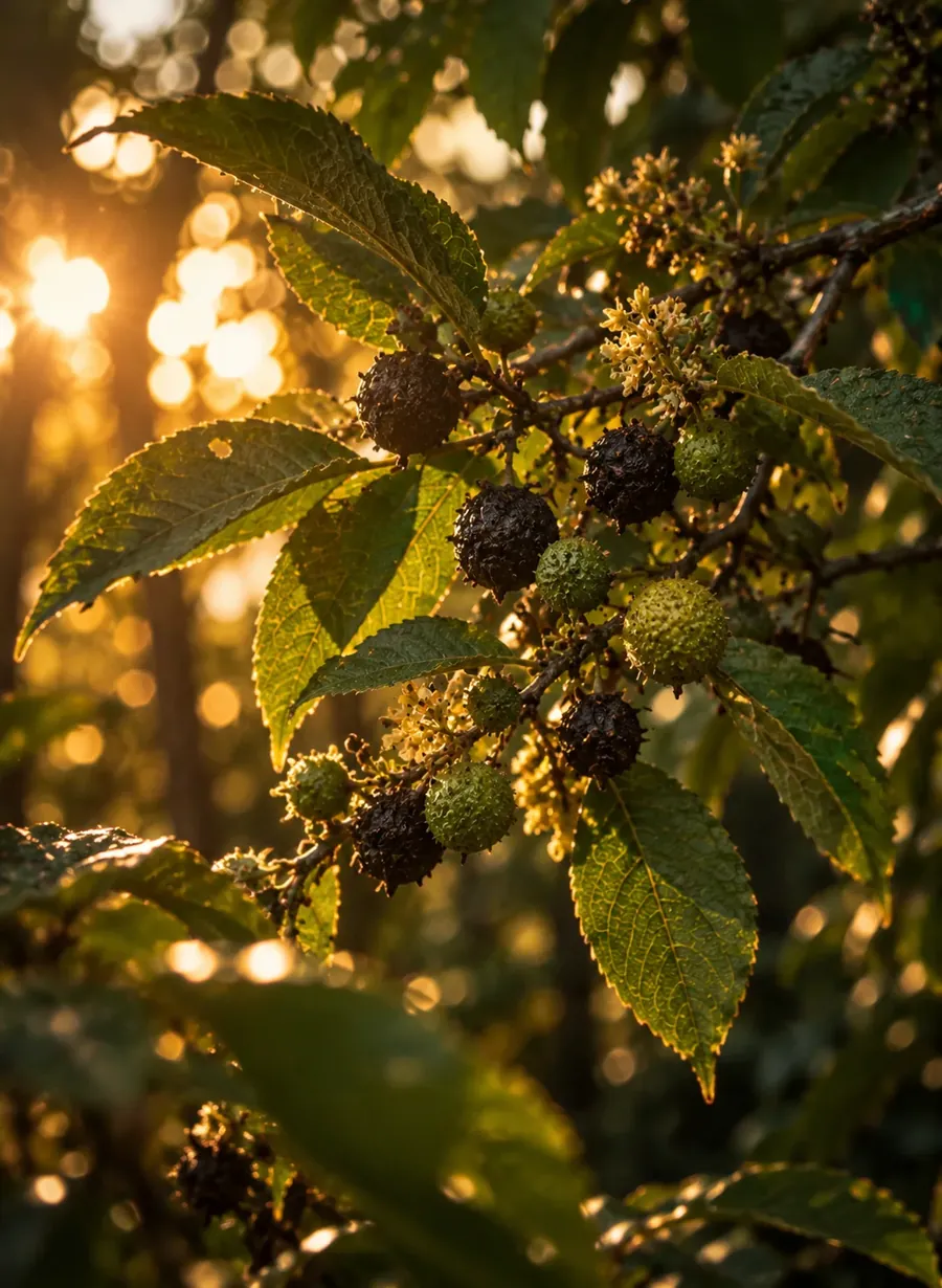 Galho de mutamba com folhas serrilhadas, flores e frutos ao pôr do sol